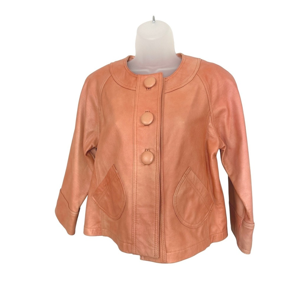 Chicos Leather Jacket Sz 0 Peach Color Button 3/4 Sleeve Round Collar Womens NWT - Picture 4 of 8